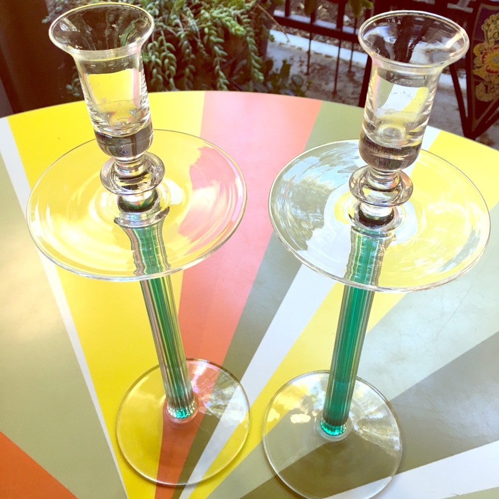 2 Teal Glass Candlesticks